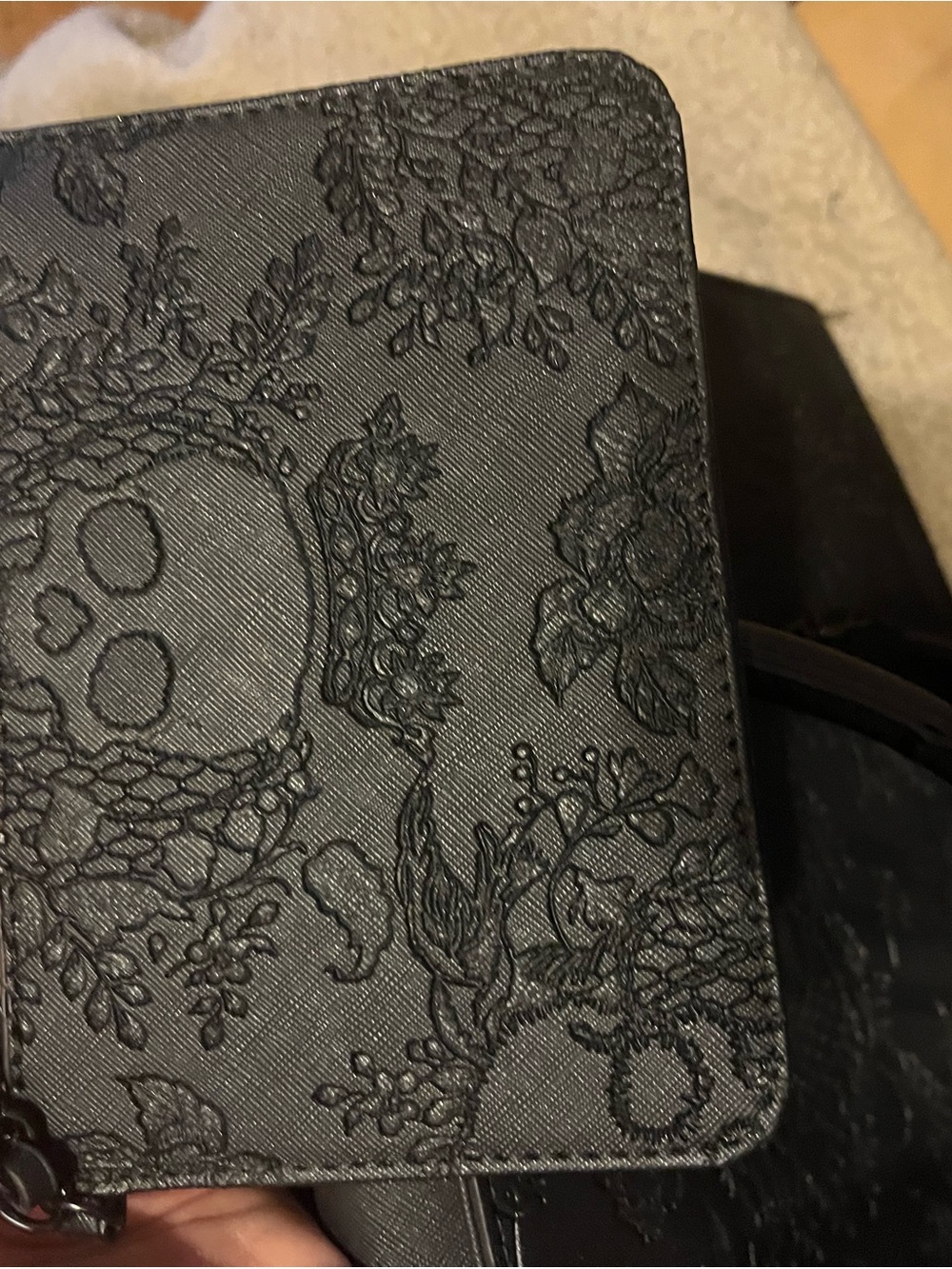 Betsey Johnson Black Embossed Skull Shoulder Bag with Chain Straps - Picture 5 of 6